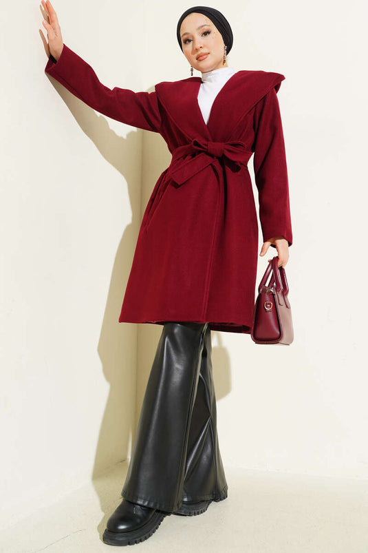 Belted Hooded Cashmere Coat Burgundy