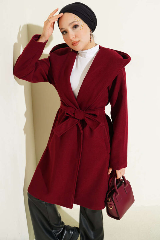 Belted Hooded Cashmere Coat Burgundy