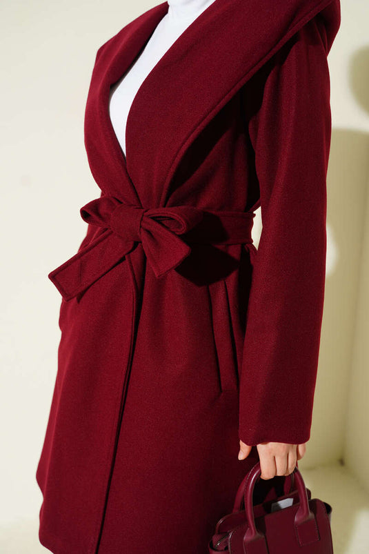 Belted Hooded Cashmere Coat Burgundy