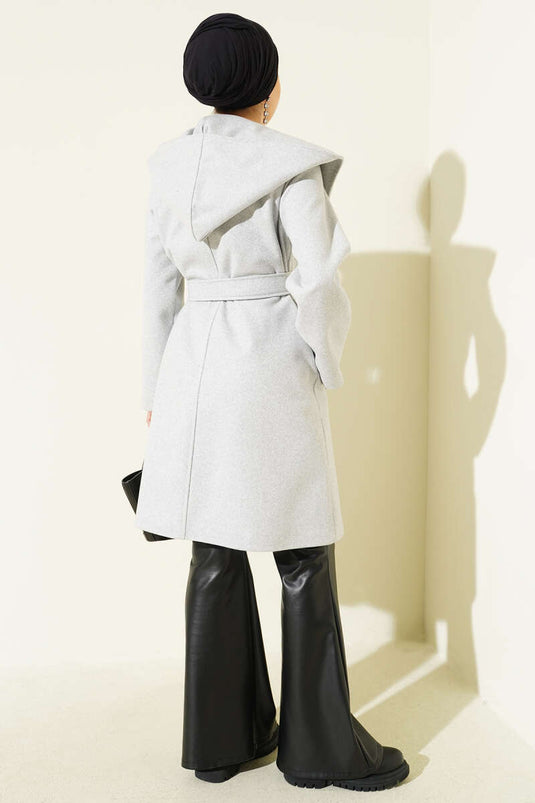 Belted Hooded Cashmere Coat Gray