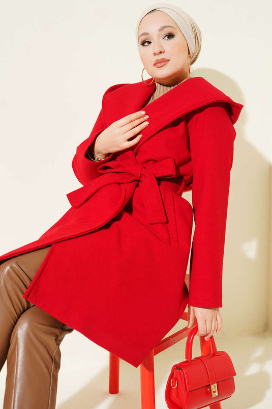 Kuşaklı Kapüşonlu Kaşe Kaban Kırmızı