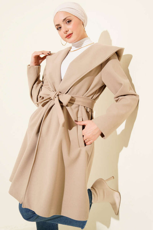 Kuşaklı Kapüşonlu Kaşe Kaban Kum Bej