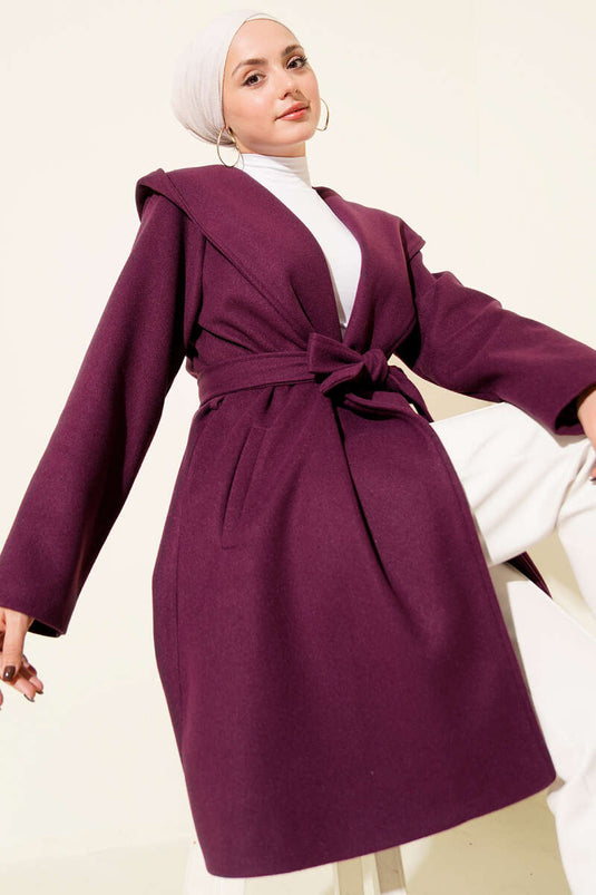 Kuşaklı Kapüşonlu Kaşe Kaban Mor