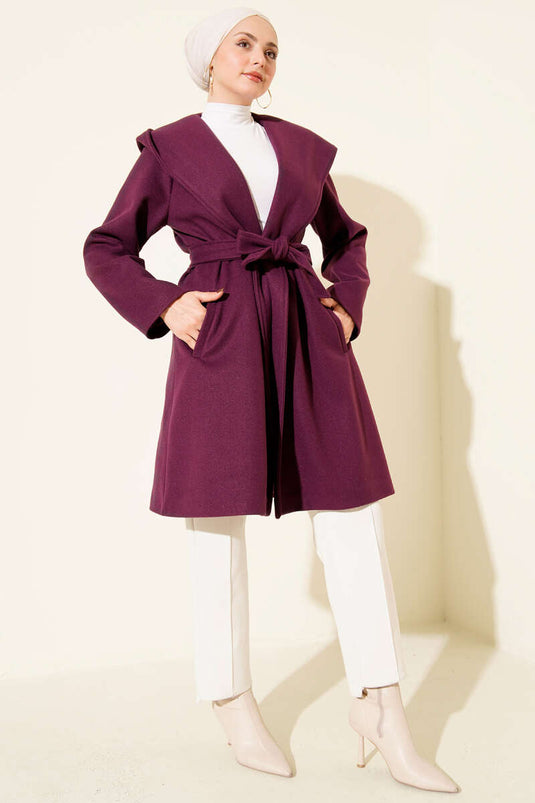 Kuşaklı Kapüşonlu Kaşe Kaban Mor