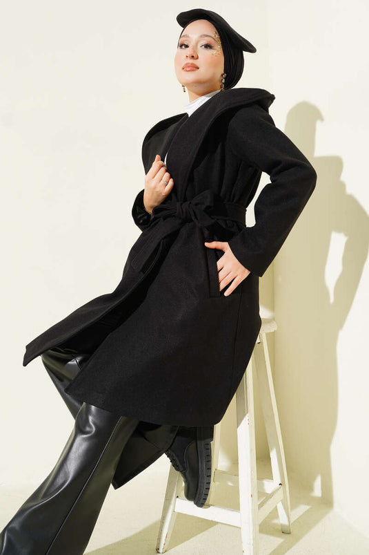 معطف كشمير أسود بحزام وغطاء للرأس