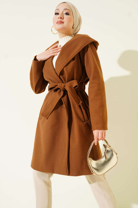 Kuşaklı Kapüşonlu Kaşe Kaban Taba