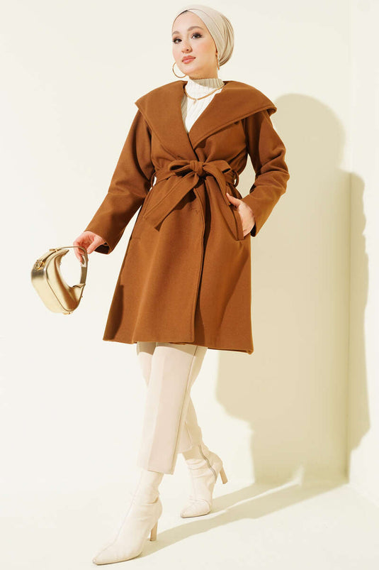 Kuşaklı Kapüşonlu Kaşe Kaban Taba