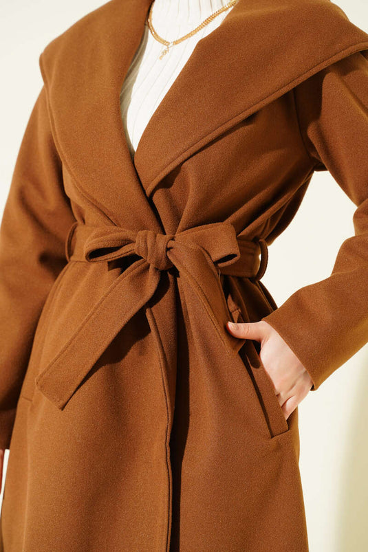 Kuşaklı Kapüşonlu Kaşe Kaban Taba