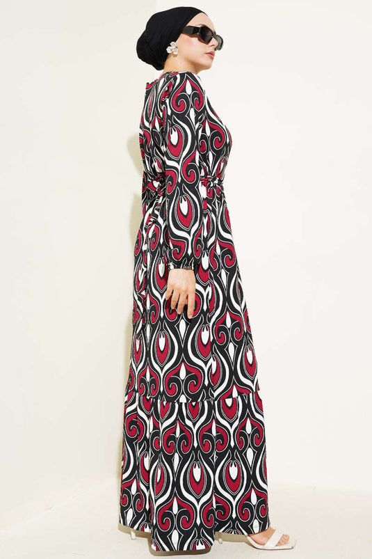 فستان كريب بحزام ونقوش متنوعة، لون عنابي