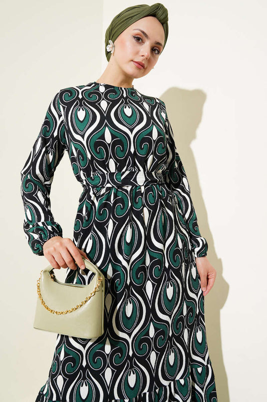 فستان من الكريب بحزام ونقوش متنوعة، لون زمردي
