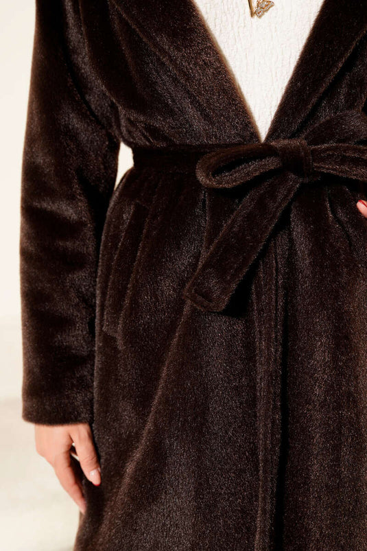 Mantel met ceintuur van kasjmier in donkerbruin