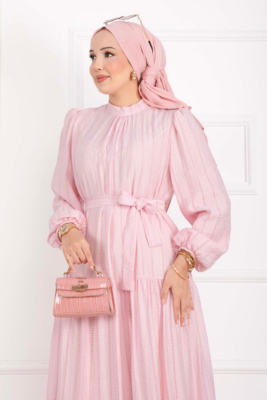 Kuşaklı Kat Kat Elbise Pembe