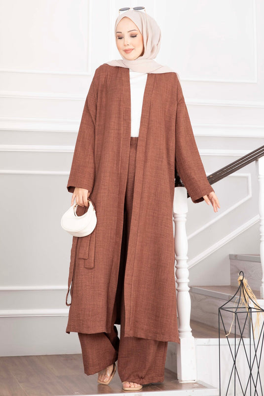 Kuşaklı Kimono Pantolon İkili Takım Kahve