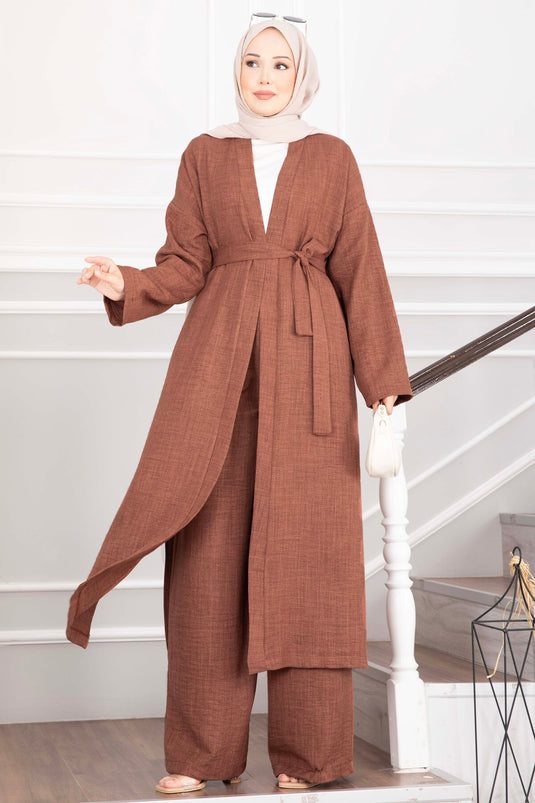 Kuşaklı Kimono Pantolon İkili Takım Kahve
