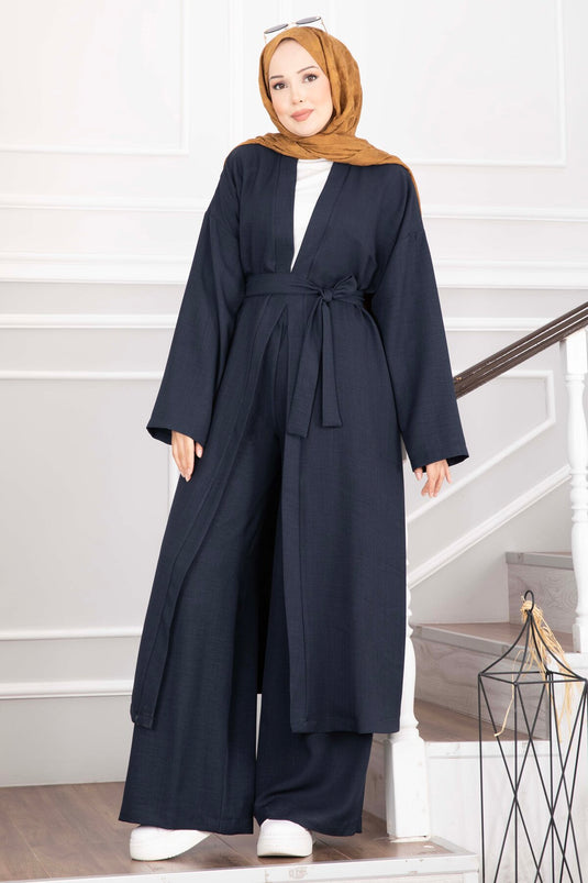 Kuşaklı Kimono Pantolon İkili Takım Lacivert
