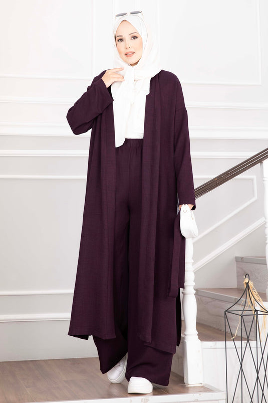 Kuşaklı Kimono Pantolon İkili Takım Mürdüm