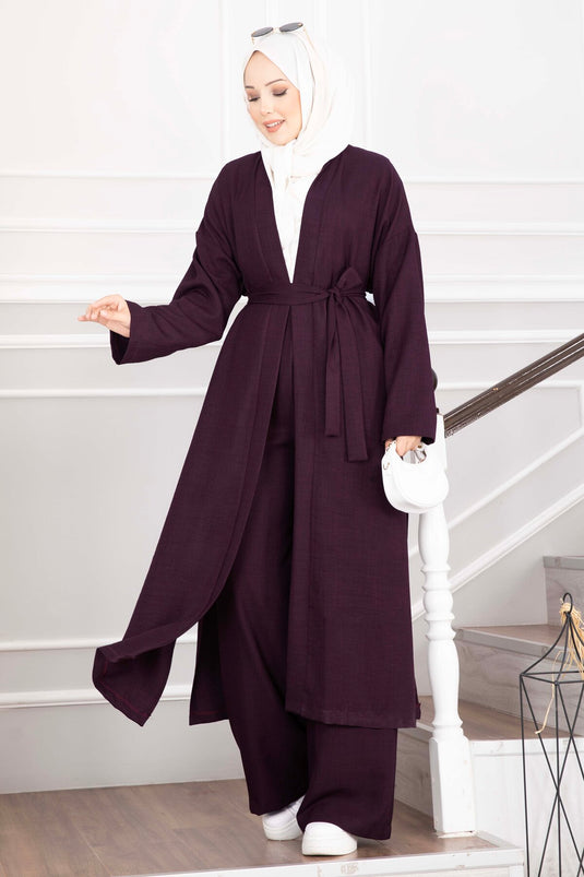 Kuşaklı Kimono Pantolon İkili Takım Mürdüm
