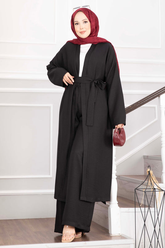 Kuşaklı Kimono Pantolon İkili Takım Siyah