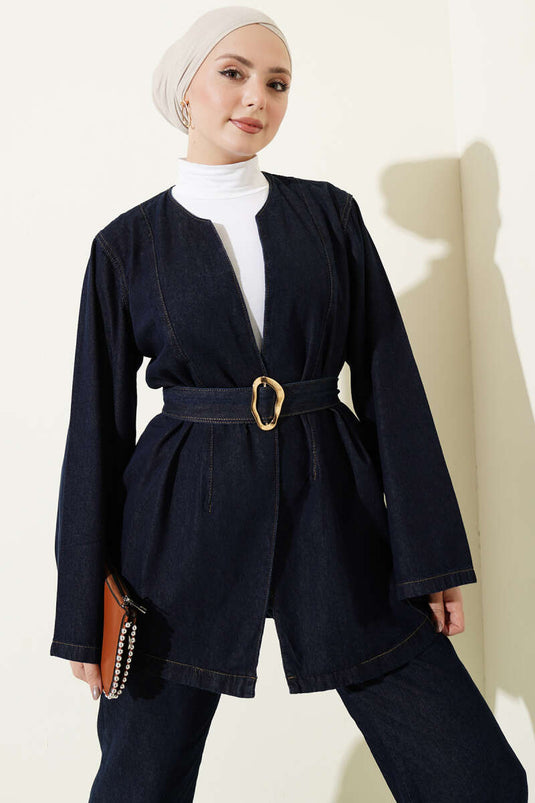 Ensemble deux pièces en jean avec kimono ceinturé bleu marine