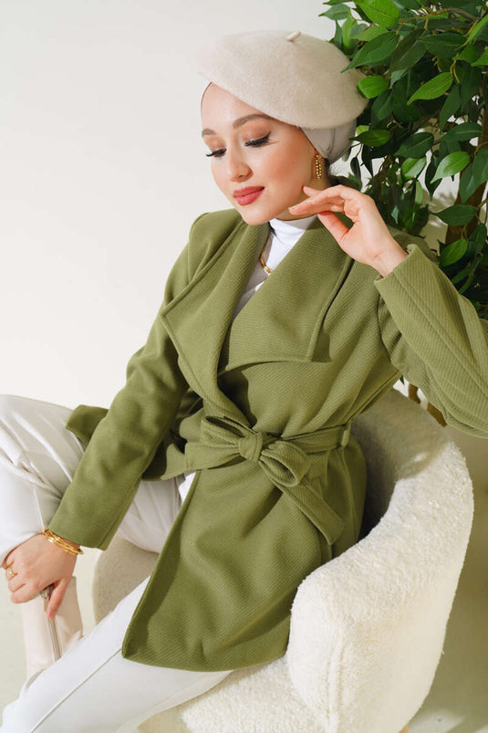 Manteau Court En Cachemire Ceinturé Çağla Vert