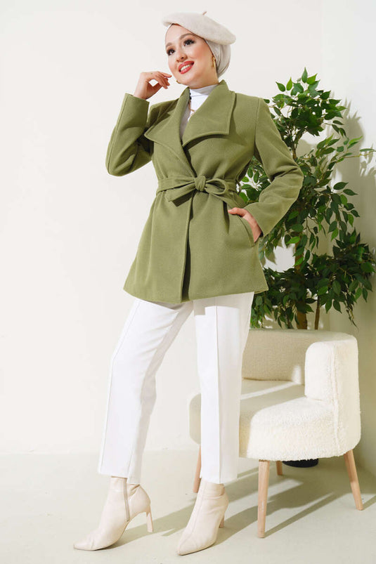 Manteau Court En Cachemire Ceinturé Çağla Vert