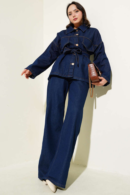 Navy Blue Denim Two-Piece Set with Belted Denim Jacket