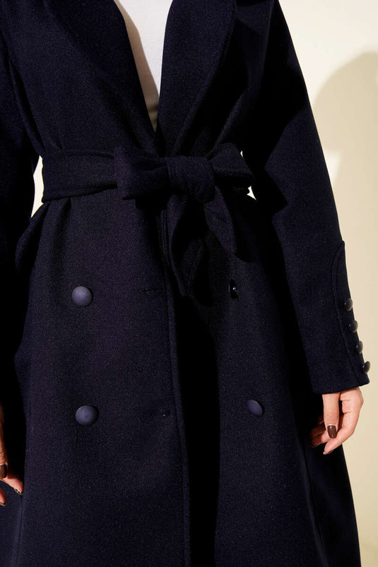 Belted, Double-Breasted, Pocketed Cashmere Coat, Navy Blue