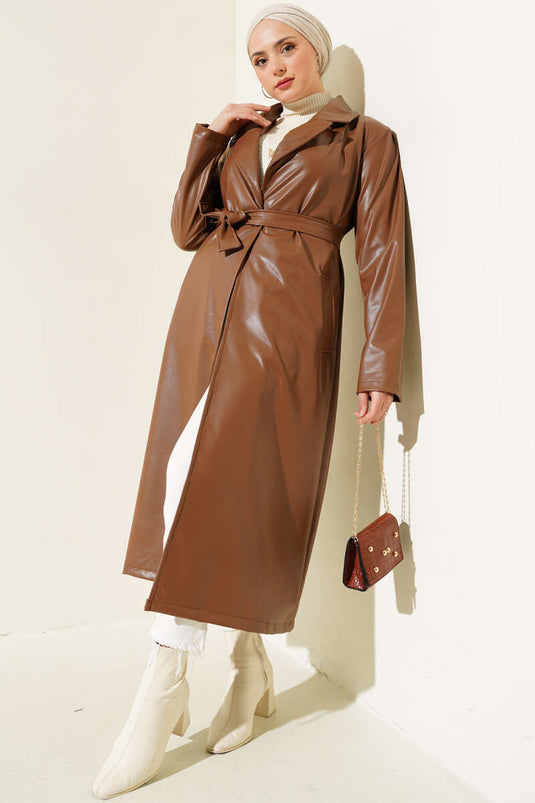 Belted Double-Breasted Leather Trench Coat Brown