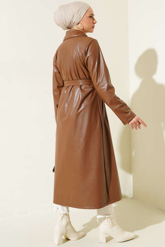 Belted Double-Breasted Leather Trench Coat Brown