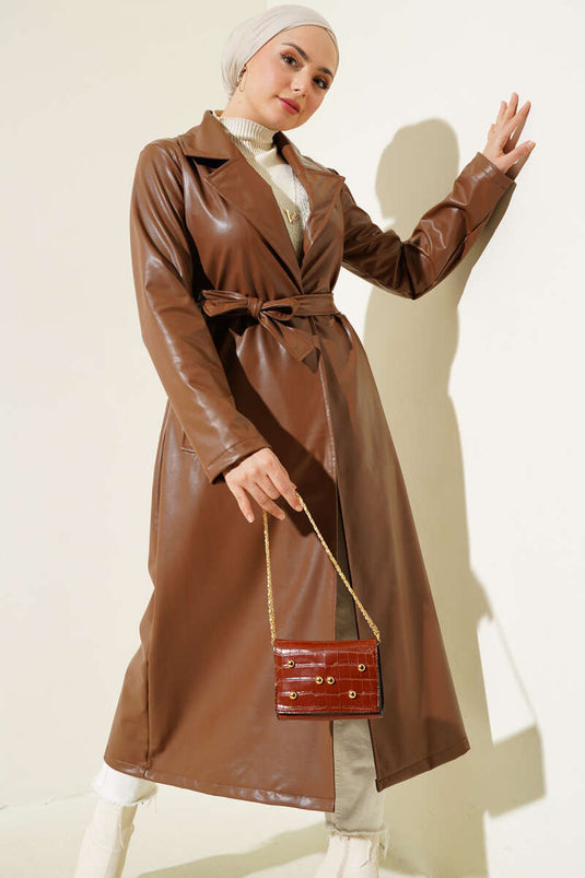 Belted Double-Breasted Leather Trench Coat Brown