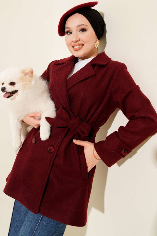 Belted Double-Breasted Short Cashmere Coat, Burgundy