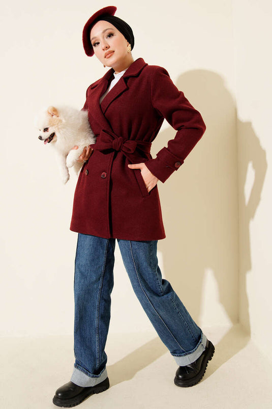 Belted Double-Breasted Short Cashmere Coat, Burgundy