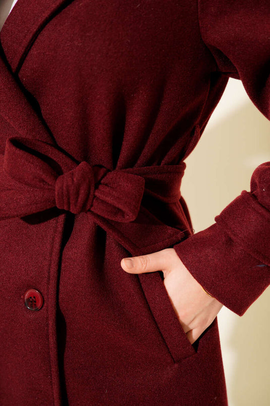 Belted Double-Breasted Short Cashmere Coat, Burgundy