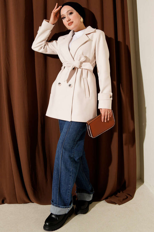 Belted Double-Breasted Short Cashmere Coat, Ecru