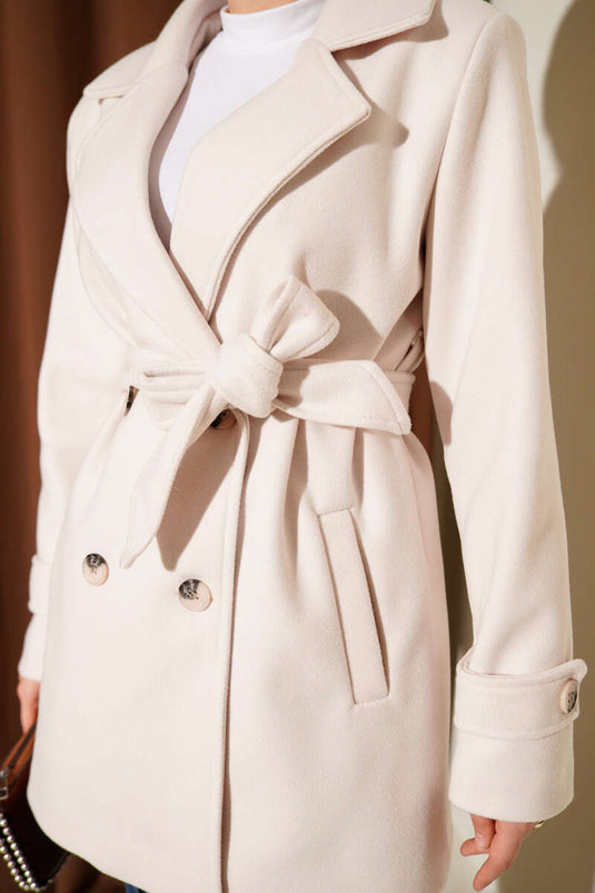 Belted Double-Breasted Short Cashmere Coat, Ecru