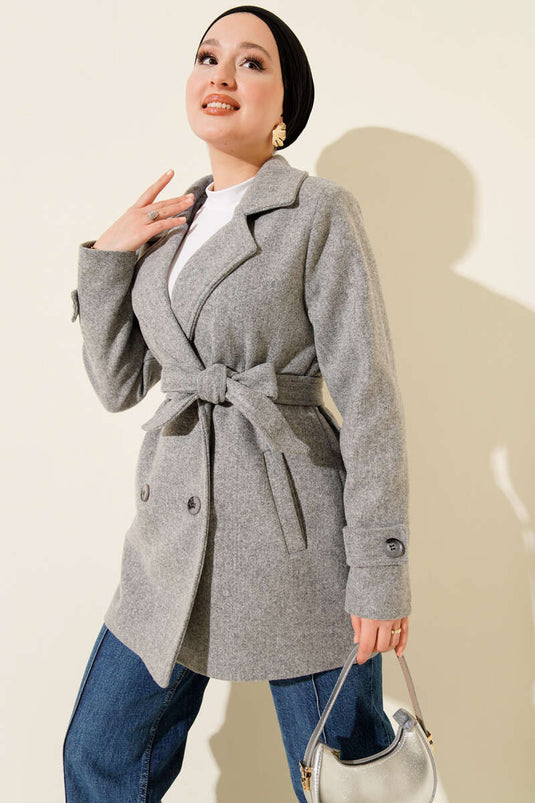Belted Double-Breasted Short Cashmere Coat, Grey