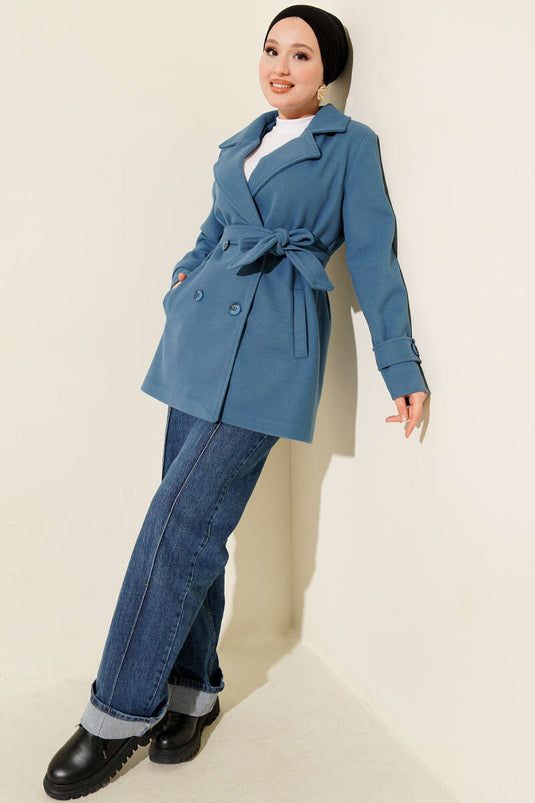 Belted Double-Breasted Short Cashmere Coat, Blue