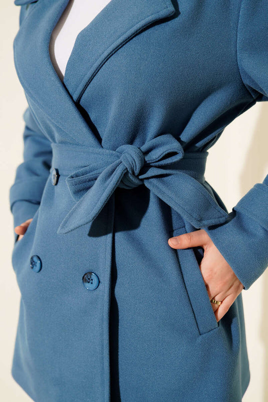 Belted Double-Breasted Short Cashmere Coat, Blue