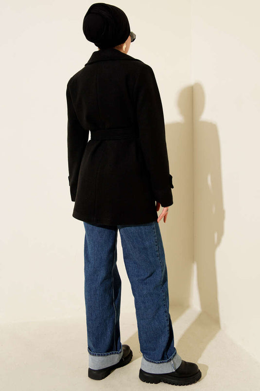 Belted Double-Breasted Short Cashmere Coat, Black