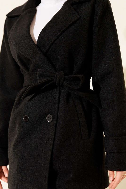 Belted Double-Breasted Short Cashmere Coat, Black