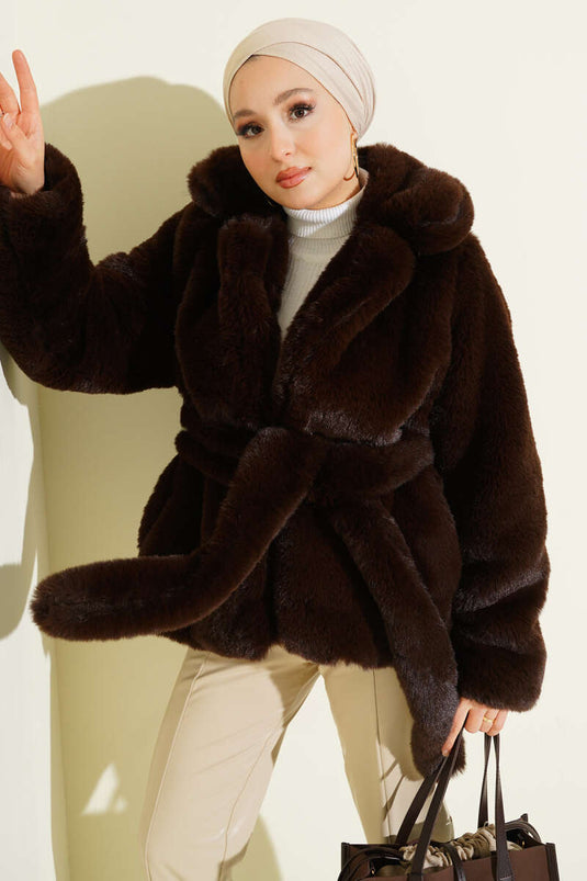 Belted Double-Breasted Fur Coat Brown