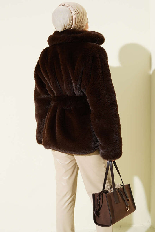 Belted Double-Breasted Fur Coat Brown