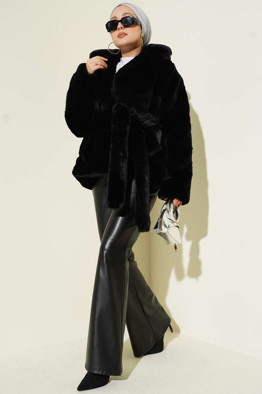 معطف فرو مزدوج الصدر بحزام أسود