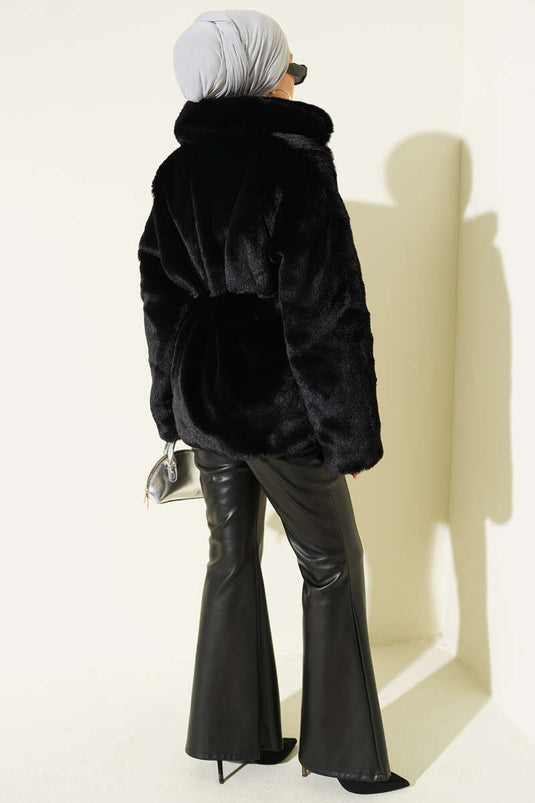 معطف فرو مزدوج الصدر بحزام أسود