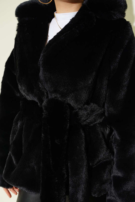 معطف فرو مزدوج الصدر بحزام أسود