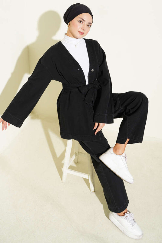 Belted Metal Buttoned Denim Two Piece Set Black