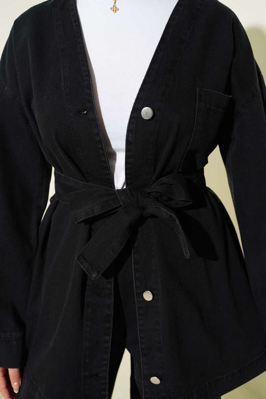 Belted Metal Buttoned Denim Two Piece Set Black