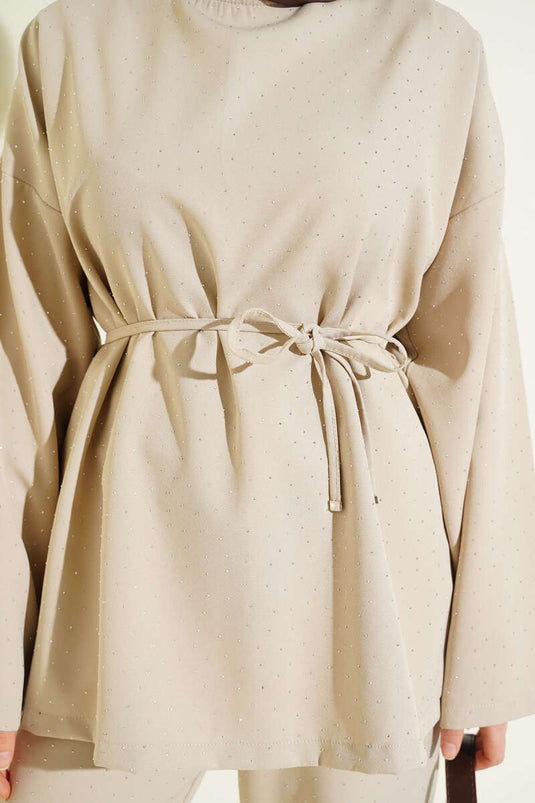 Ensemble Deux Pièces Mini Ceinturé avec Pierres Beige