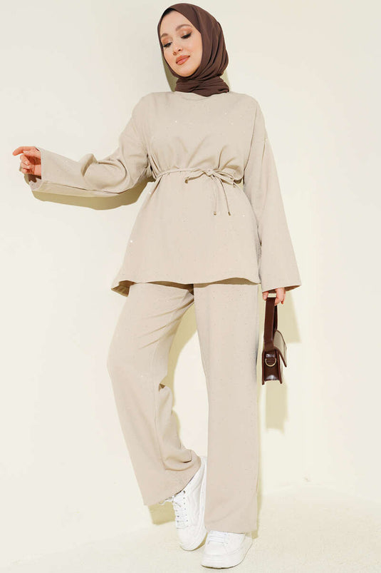 Ensemble Deux Pièces Mini Ceinturé avec Pierres Beige