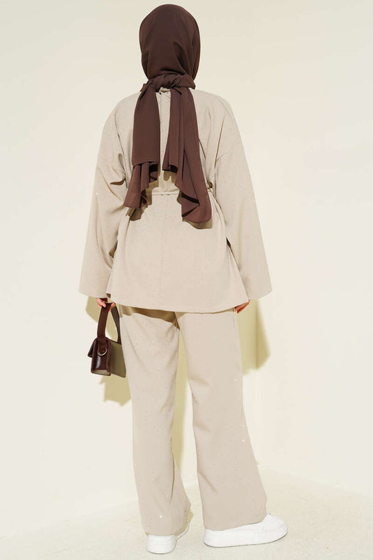 Ensemble Deux Pièces Mini Ceinturé avec Pierres Beige